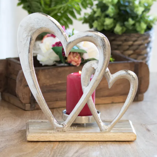 Silver Wooden Double Heart Pillar Tealight Candle Holder Romantic Ornament Gift