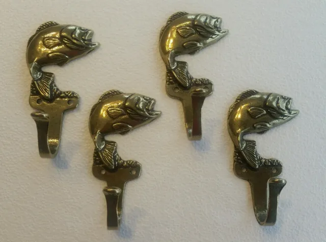 Four Vintage Solid Brass Bass Fish Hooks Coat Hooks  With Screws (B6)