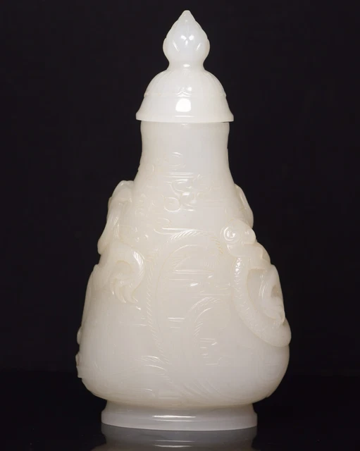 Chinese Exquisite Handmade Dragon and Phoenix carving Hetian Jade Statue Bottle