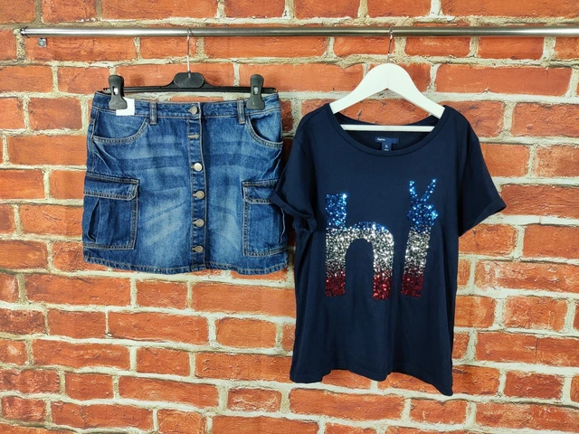 Girls Bundle Age 12-13 Years Gap Next Denim Skirt Sequin Navy T-Shirt Set 158Cm