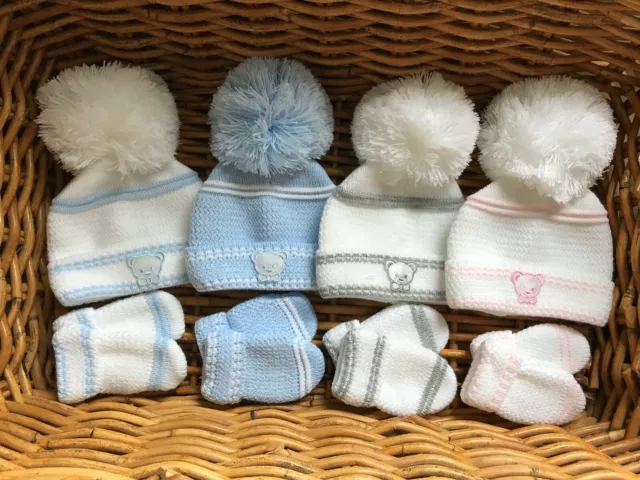 Neugeborenes Baby Mädchen Junge Strickbommel Wackeltmütze & Handschuhe Geschenkset Weiss Blau