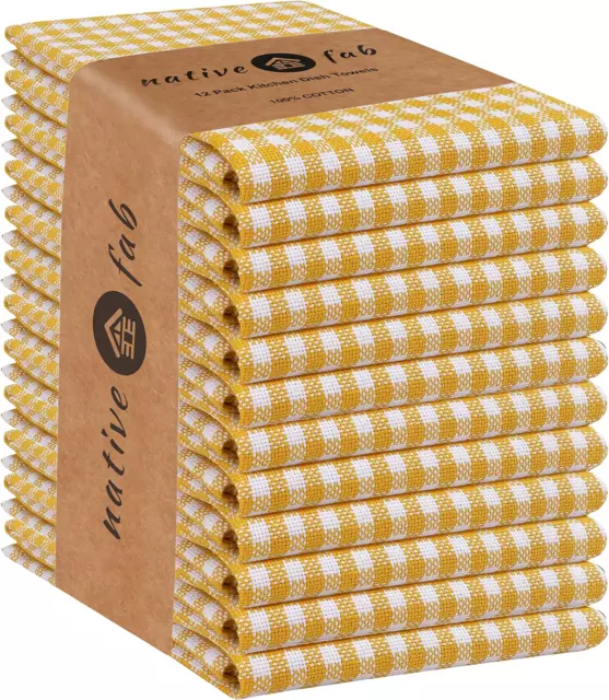 Lote de 12 Paños de Cocina Cuadros Algodon Absorbentes 15x25 cm Amarillo Blanco