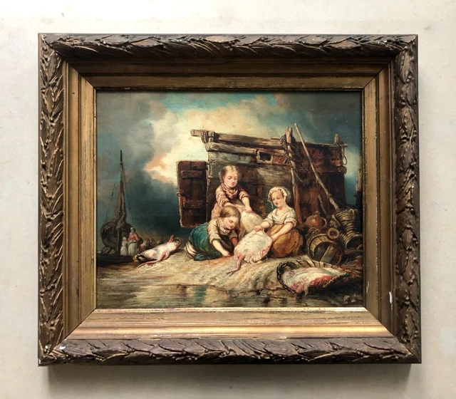 Tableau Ancien Encadré, Retour De Pêche, Huile Sur Toile, Peinture, XIXe