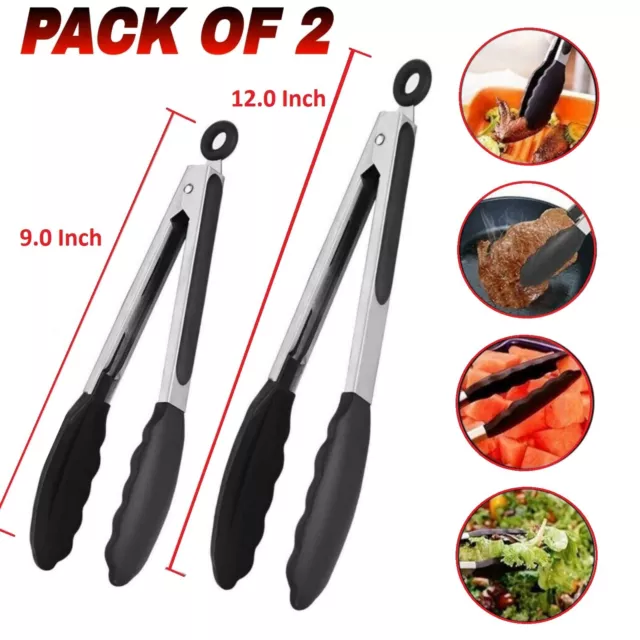 2X Silicone Kitchen Cooking Tongs Salad Serving BBQ Stainless Handle Utensil UK