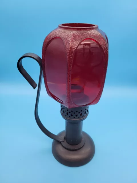 Antique Cast & Wrought Iron Candle Holder Mason Candlelight NJ Ruby Glass Shade