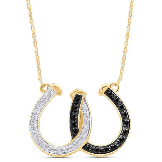 1/8ct Real Black & White Diamond Double Horseshoe Pendant 18" Necklace in Silver