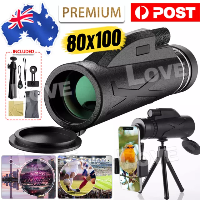 Au 80X100 Zoom Hd Optical Binoculars Telescope Night Vision+Phone Clip+Tripod