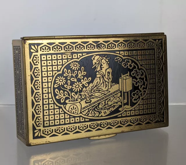 Vintage Japanese Oriental Style decorative Lined Metal trinket jewellery box