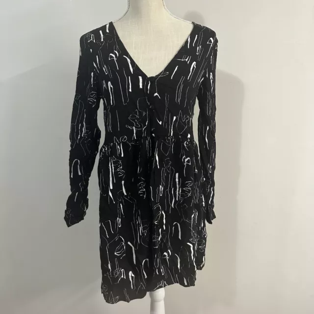 Asos Design Women Tunic Mini Dress Black White Button Front Long Slv Sz 6