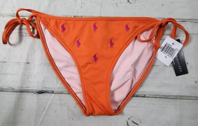 Ralph Lauren Swimsuit String Bikini Bottoms Orange w Pink Ponies Womens Sz L NWT