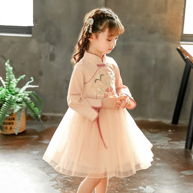 Ragazza Hanfu Cinese Rete Abito Manica Lunga Ricamo Floreale Nappa Vestito Retrò
