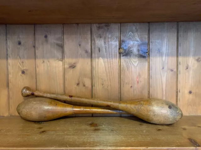 Pair of Vintage Exercise Antique Indian Clubs. Wood Gym Weights Exercise Meels