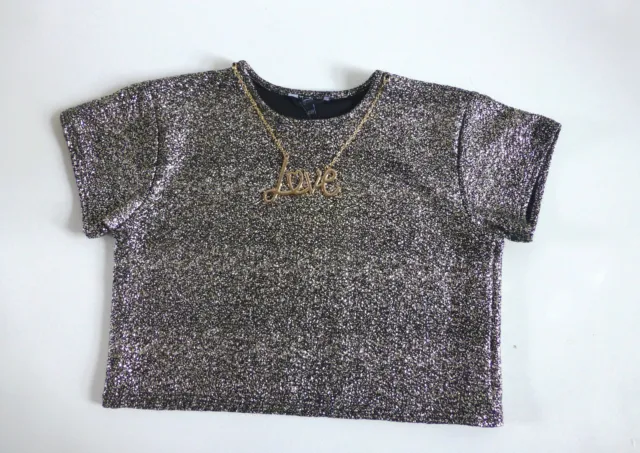 Girl's Black & Gold Sparkling Crop Top & Necklace- Age 12-13yrs- NEW