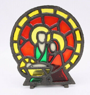 Cast Metal Vtg Mod Resin Stained Glass Style Holy Family Nativity Candle Holder