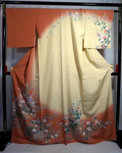 Japanese kimono  "HOUMONGI", Gold leaf, Plants, shading,Pink,Yellow, L5' 6".3026