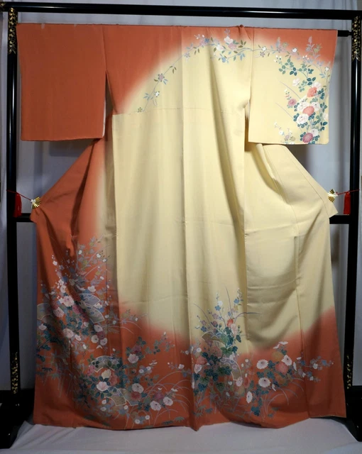 Japanese kimono  "HOUMONGI", Gold leaf, Plants, shading,Pink,Yellow, L5' 6".3026