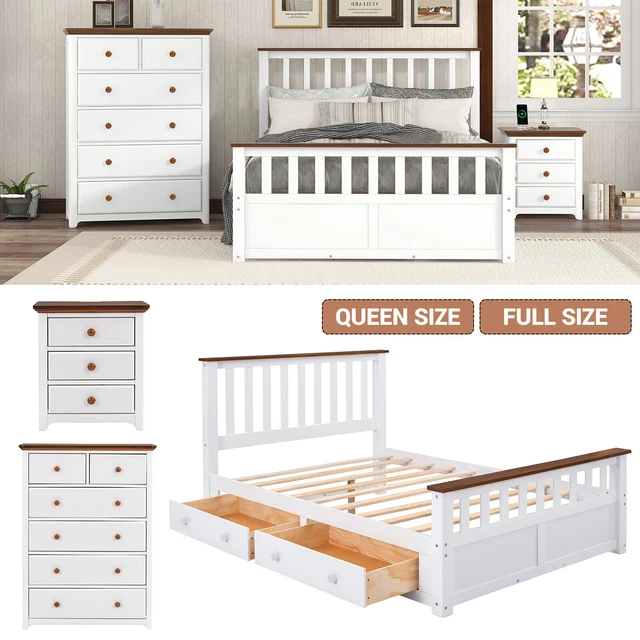 NEW Modern White+Walnut Queen Full 3Pcs Bedroom Set Rustic Furniture Bed Frame