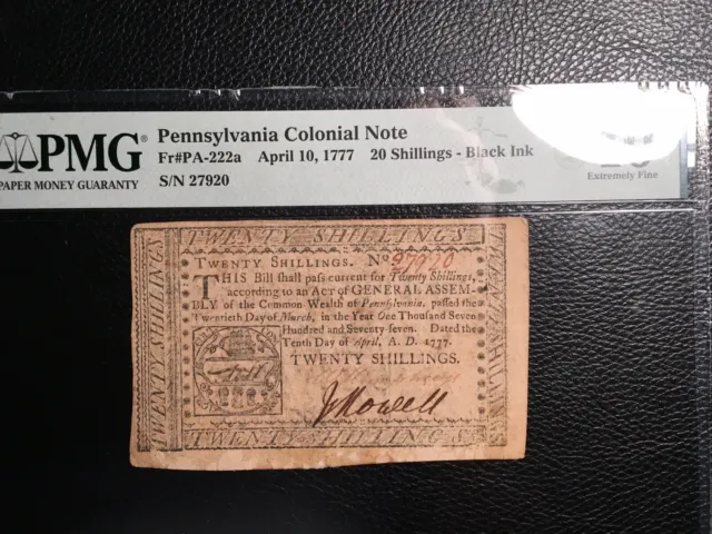 Pennsylvania Colonial Note 20 Shillings PMG 40 Extremely Fine fr222-a