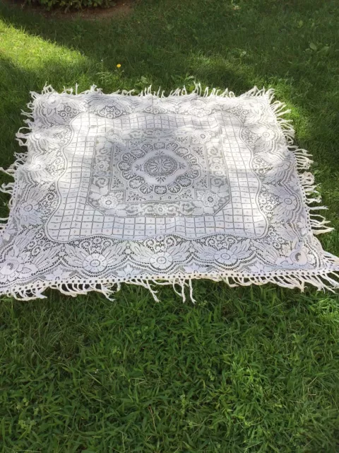 LINGE Ancien Dessus De Table Carré Broderie Coton Blanc 135 Cm + 8 Cm De Pompons