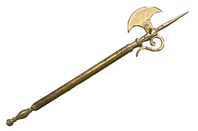 Antique reproduction brass axe/spear head with carved 20”