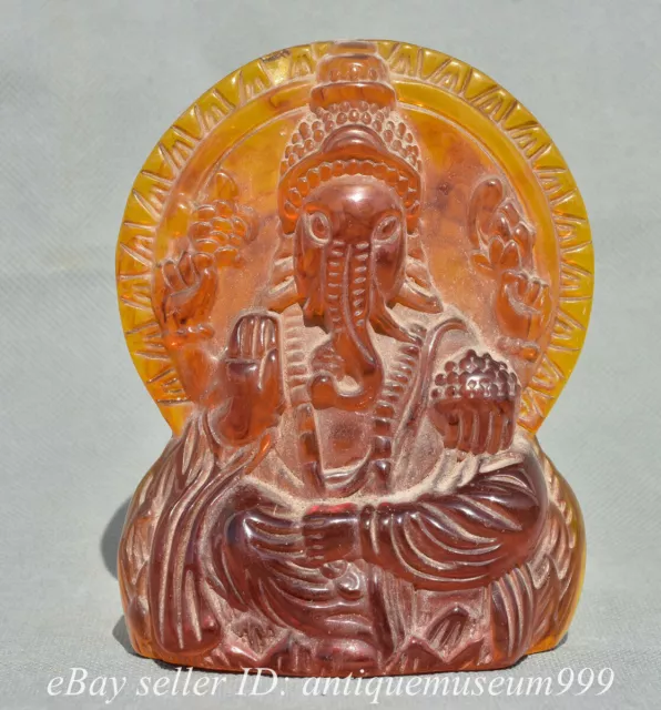 5" Chinese Amber Carved  Ganesh Lord Ganesha Elephant God Buddha Statue