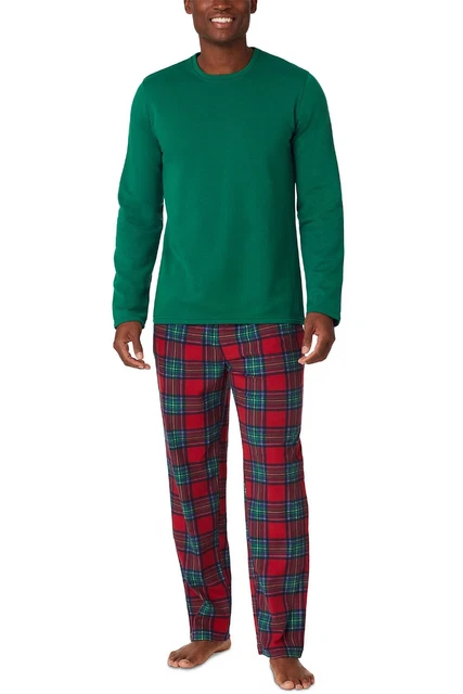 Cuddl Duds Men's Cozy Lodge Printed Bottom Pajama 2Pc Set Red Plaid/Green-Large