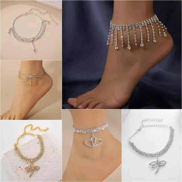 Boho Crystal Ankle Bracelet Women Gold Silver Anklet Adjustable Chain Foot Beach