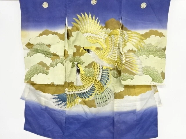 46912# Japanese Kimono / Antique Kimono For Boys / Embroidery / Hawk & Pine