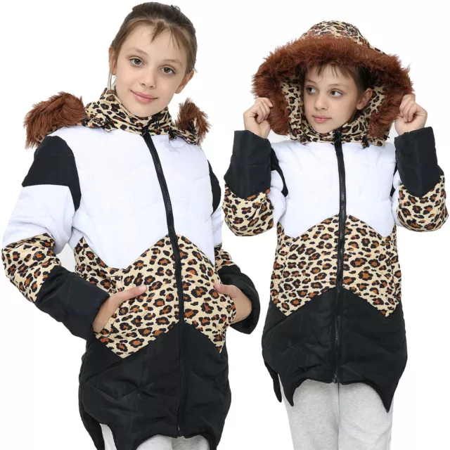 Giacca in pelliccia sintetica con cappuccio pannello a contrasto leopardato cappotto tampone per bambini nuova moda ragazze