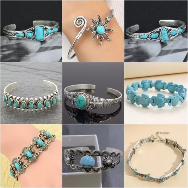 Vintage 925 Silver Turquoise Women Open Bangle Cuff Bracelet Wedding Jewelry