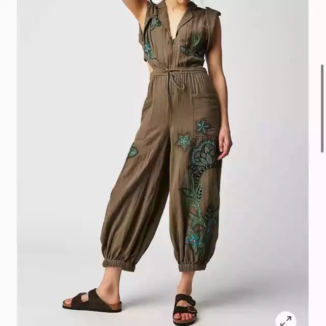 NWT FREE PEOPLE Sea Blooms Crafty Coverall XL crocodile embroidered ...