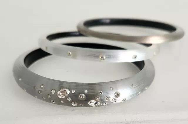 Alexis Bittar Triple 3 Bangle Set Silver Gray Lucite Crystals