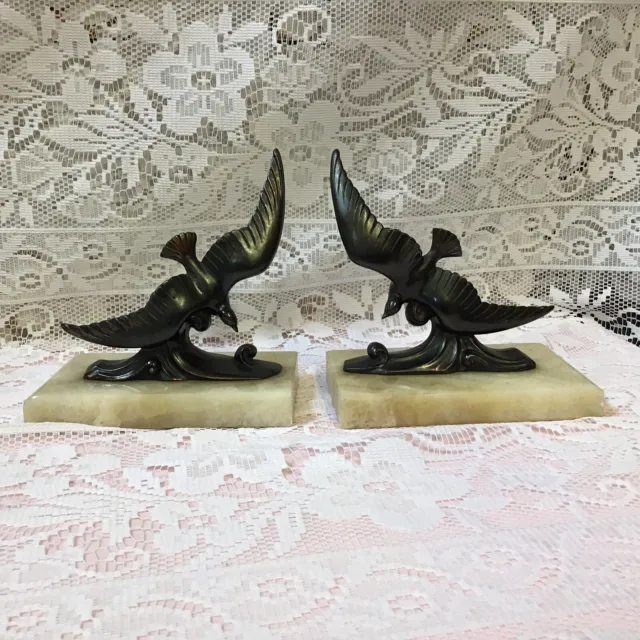 Pair Art Deco French Bronzed Bird Statues Diving Flying Over Sea, Alabaster Base