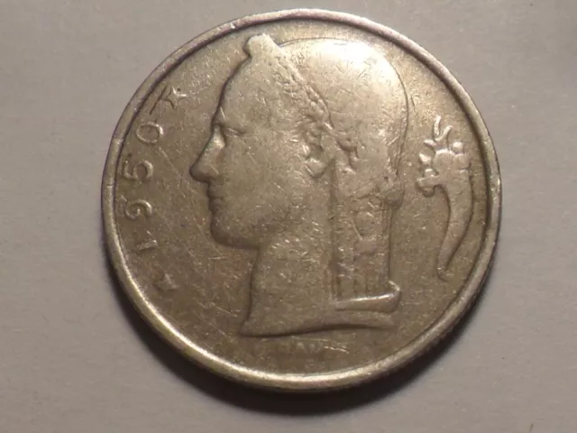 1950 Nice Belgium Copper-Nickel 5 Franc Km#135.1 Mintage 34,728,000!