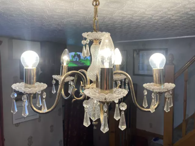 Glass Chandelier 5 lights for Ceiling mounting & Matching 2 blub Wall light VGC