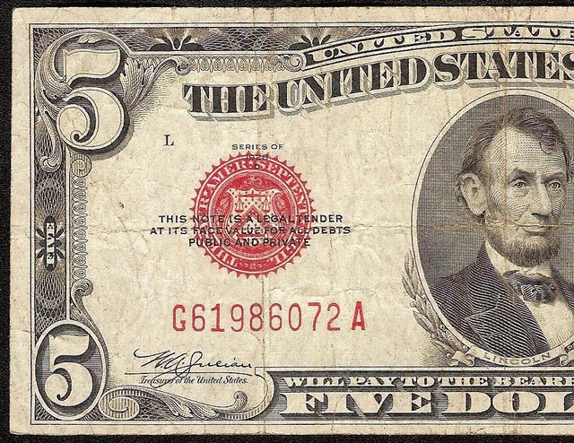 1928 D $5 DOLLAR BILL UNITED STATES LEGAL TENDER RED SEAL NOTE MONEY Fr 1529