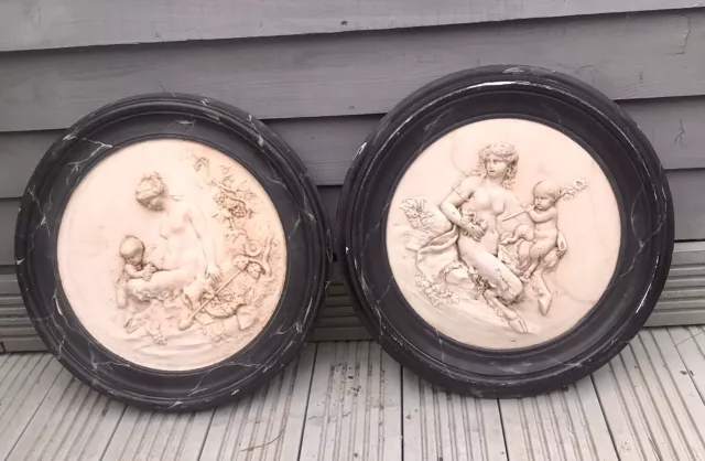 Pair of Cast Marble Rococo Style Wall Plaques After Clodion (1738-1814)