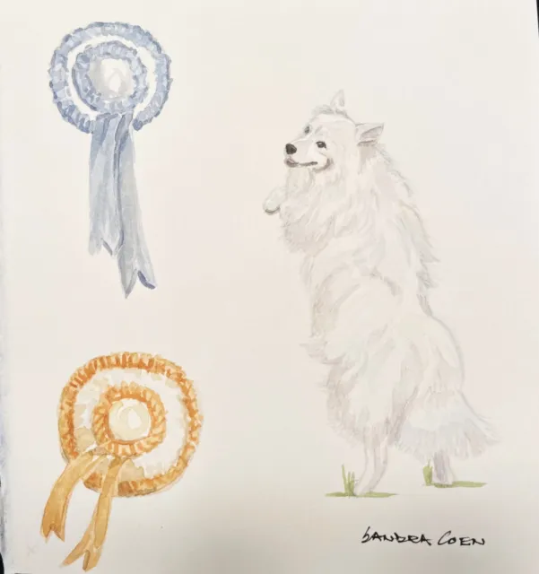 American Eskimo Dog Original Watercolor by Sandra Coen with standing with ribbon