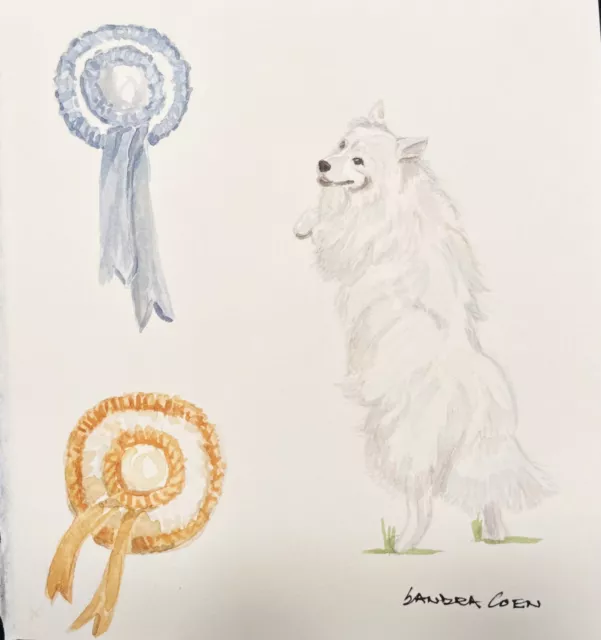 American Eskimo Dog Original Watercolor by Sandra Coen with standing with ribbon