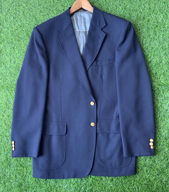 Stafford Gold Button Single Vent Wool Blend Navy Blue Blazer Sport Coat Mens 46L