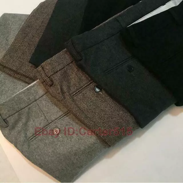 Mens Many Color Herringbone Wool Tweed Trousers British Slim Warm Straight Pants