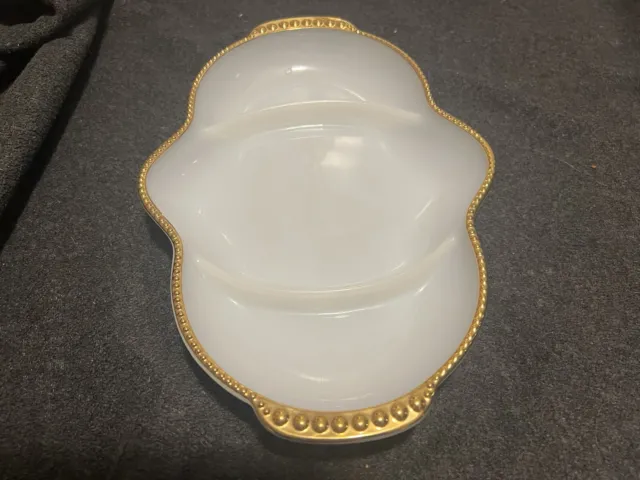 Vintage Fire-King Milk Glass Divided Relish Serving Dish 3-Sections Gold Trimmed