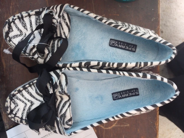 Sperry Top Sider Womens Size 6 M Black White Zebra Print Sequins Boat Shoes