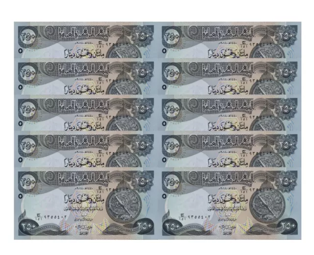 Iraq 2500 Dinar Banknotes UNC (10 x 250 IQD) New W/ Certificate of Authenticity