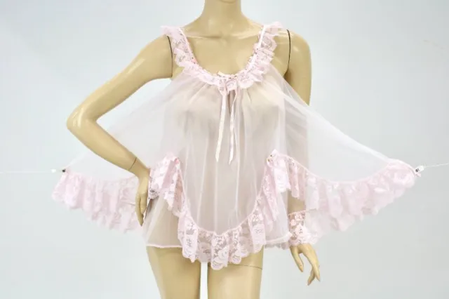Vintage Tosca Short Nightie Nightgown Pink Nylon Chiffon Lace Ruffles M USA
