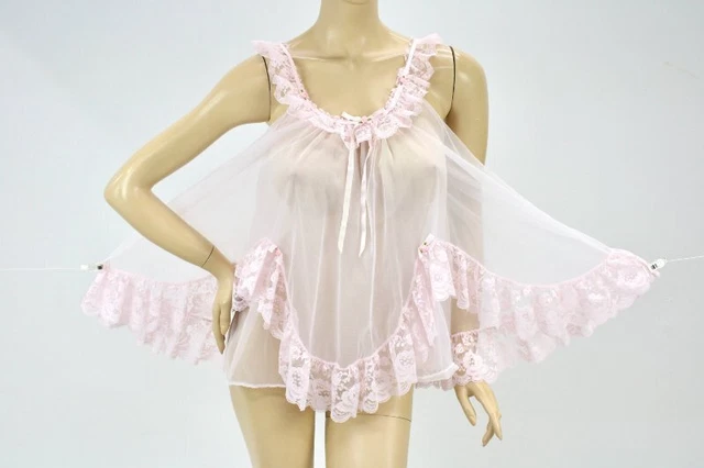 Vintage Tosca Short Nightie Nightgown Pink Nylon Chiffon Lace Ruffles M USA