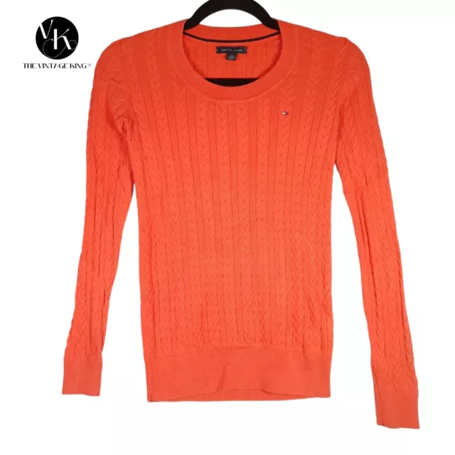 Tommy Hilfiger Womens 2XS Orange Cable Knit Jumper Round Neck Cotton Regular Fit