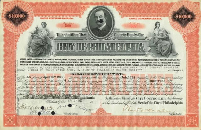 USA CITY OF PHILADELPHIA LOAN  stock certificate/bond $10,000