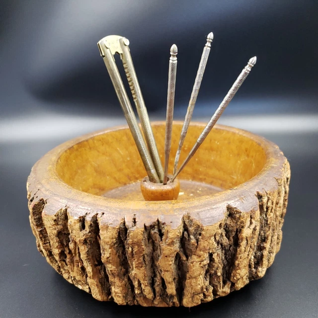Vintage MCM Wood Nut Cracker Bowl Tree Bark & Metal Nut Cracker Picks Rustic Set