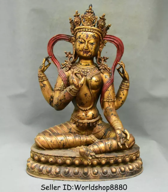 20.8" Old Tibet Fane Copper Gilt 4 arms Chenrezig Buddha Avalokiteshvara Statue